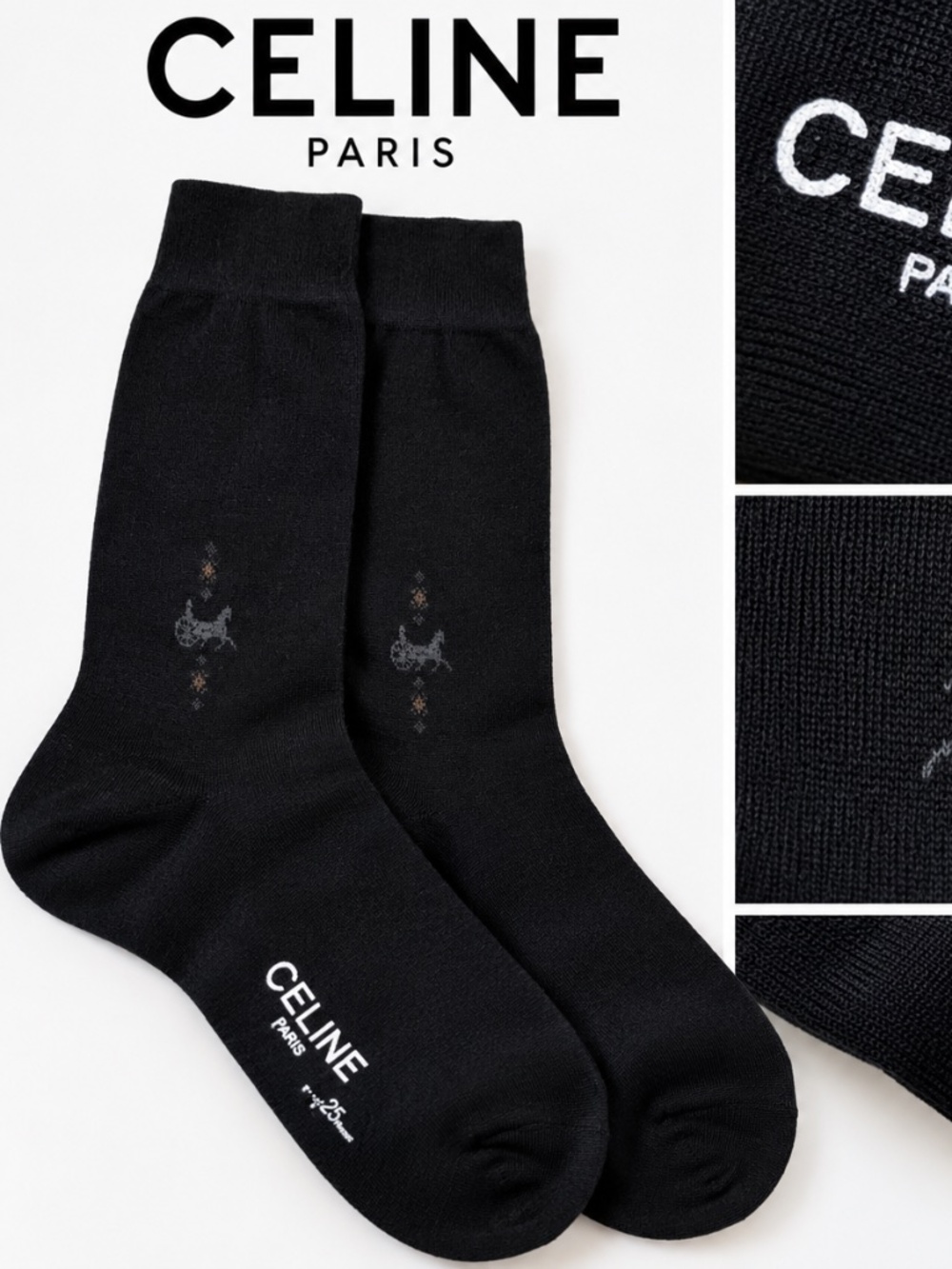 Vintage CELINE Paris Socks Black Equestrian Horse Rider Motif Size 25 France NOS